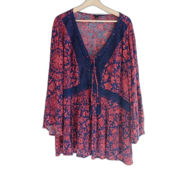 Torrid Babydoll Gauze Crochet Trim Lace-Up Top Tunic Red Valentine's Sz 4X - Picture 2 of 11